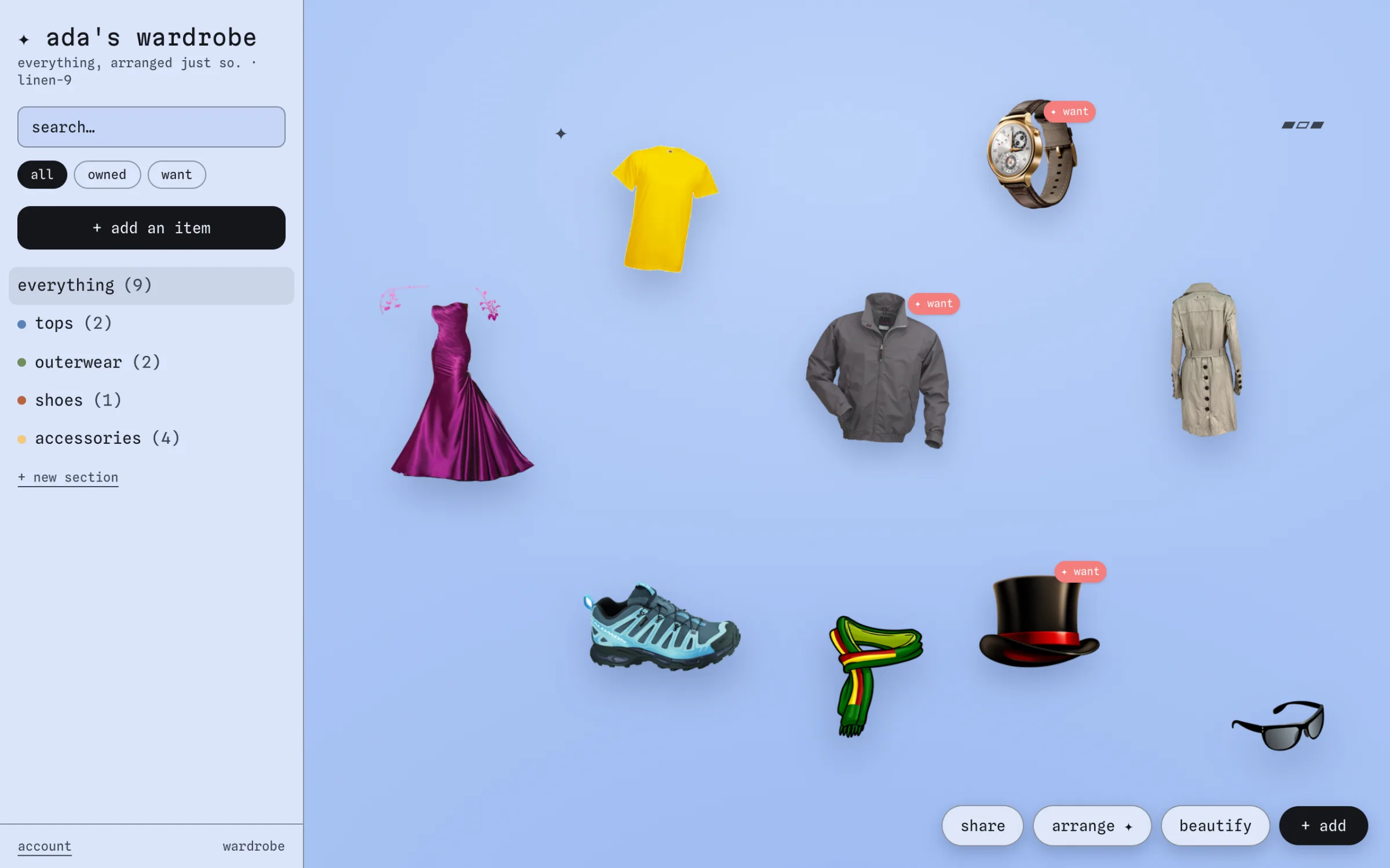 the wardrobe studio: a sidebar of sections beside a canvas of clothing cutouts — a dress, jacket, coat, sneakers and accessories — some tagged want