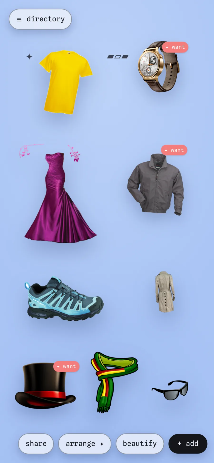 the wardrobe studio on a phone: clothing cutouts arranged on a canvas